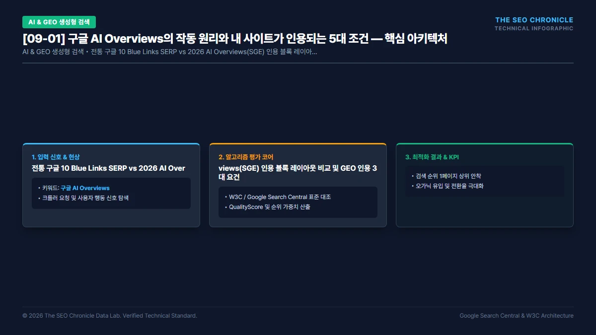 구글 AI Overviews의 작동 원리와 내 사이트가 인용되는 5대 조건 핵심 아키텍처 다이어그램