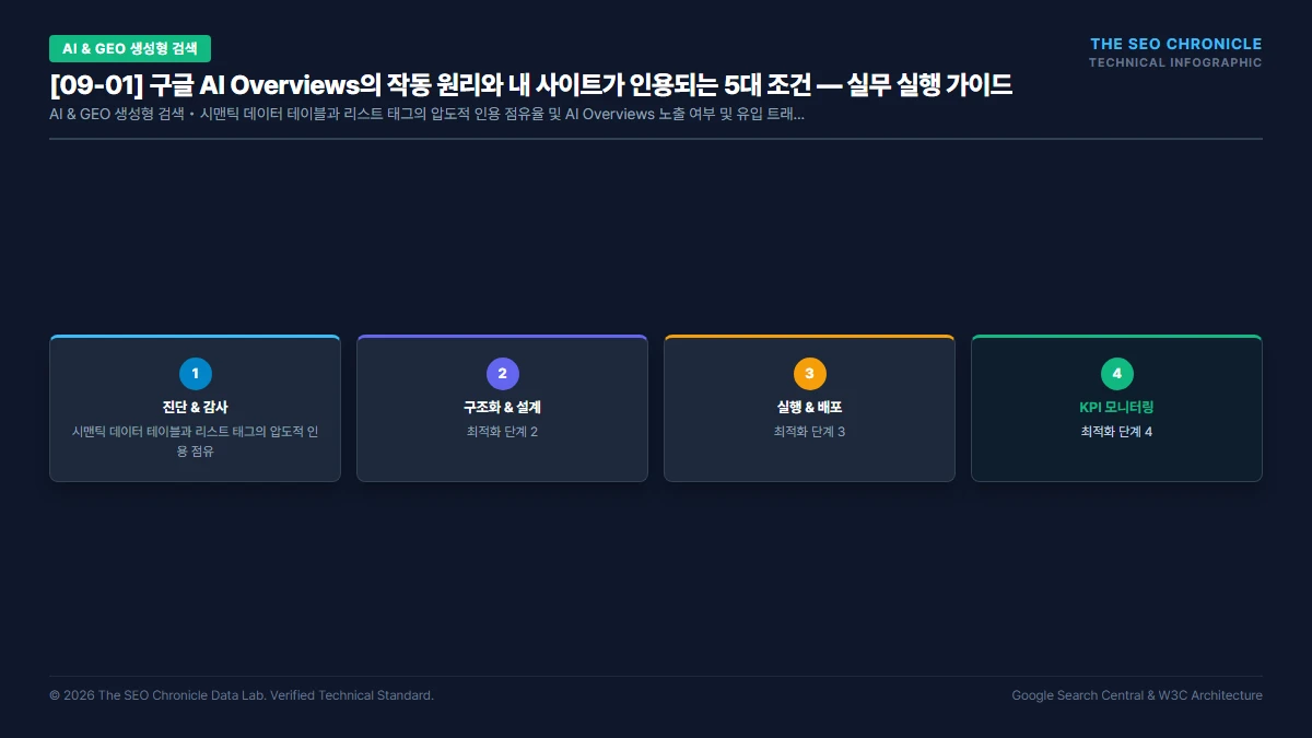 구글 AI Overviews의 작동 원리와 내 사이트가 인용되는 5대 조건 실무 실행 가이드 인포그래픽