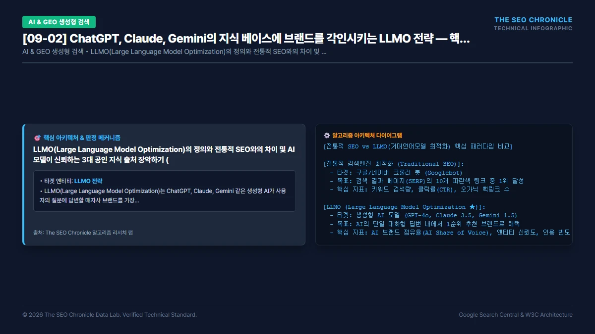 ChatGPT, Claude, Gemini의 지식 베이스에 브랜드를 각인시키는 LLMO 전략 핵심 아키텍처 다이어그램