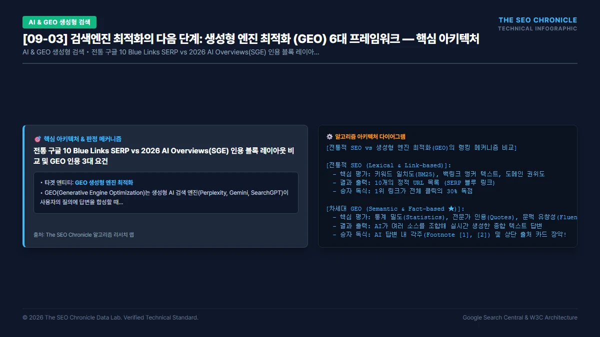 검색엔진 최적화의 다음 단계: 생성형 엔진 최적화 (GEO) 6대 프레임워크 핵심 아키텍처 다이어그램