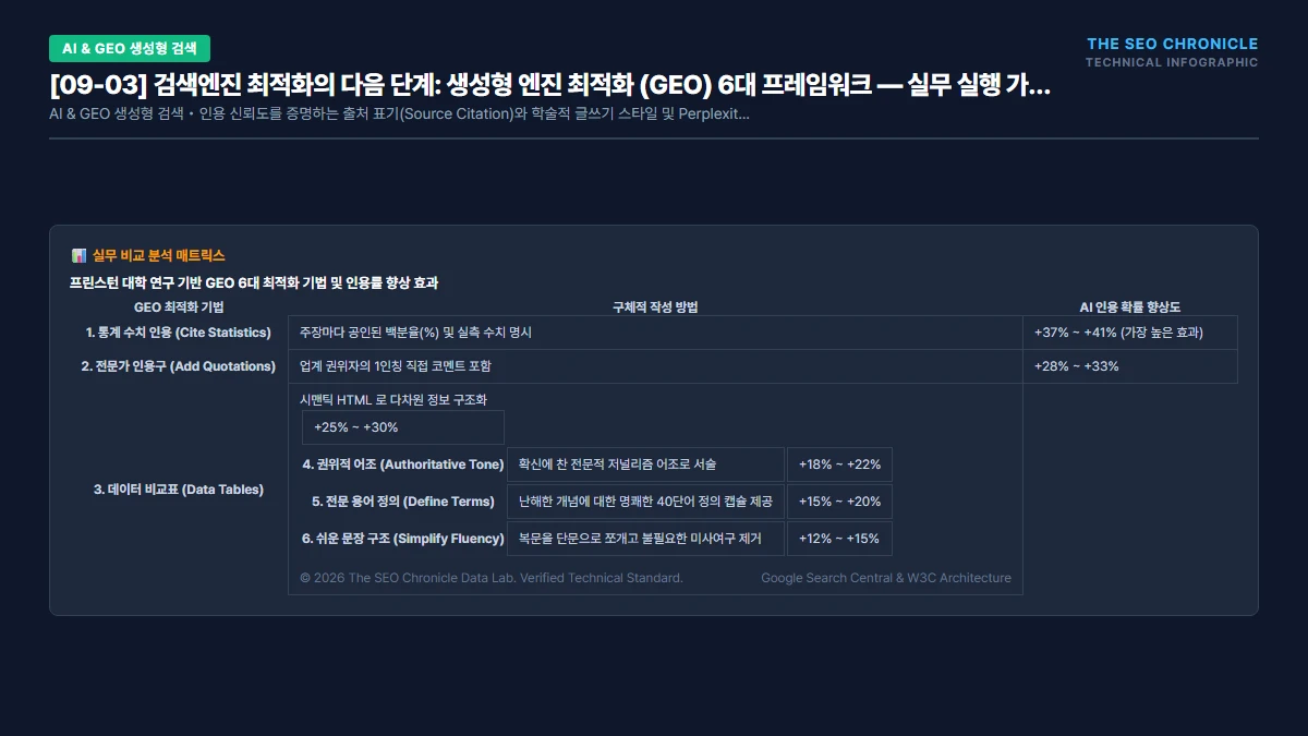검색엔진 최적화의 다음 단계: 생성형 엔진 최적화 (GEO) 6대 프레임워크 실무 실행 가이드 인포그래픽
