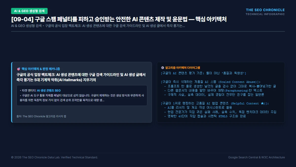 구글 스팸 페널티를 피하고 승인받는 안전한 AI 콘텐츠 제작 및 윤문법 핵심 아키텍처 다이어그램