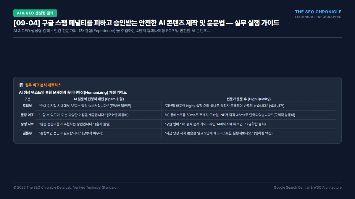 구글 스팸 페널티를 피하고 승인받는 안전한 AI 콘텐츠 제작 및 윤문법 실무 실행 가이드 인포그래픽