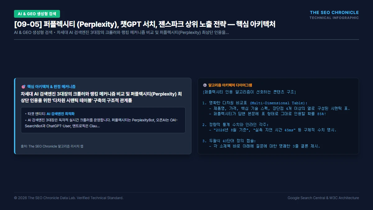 퍼플렉시티 (Perplexity), 챗GPT 서치, 젠스파크 상위 노출 전략 핵심 아키텍처 다이어그램
