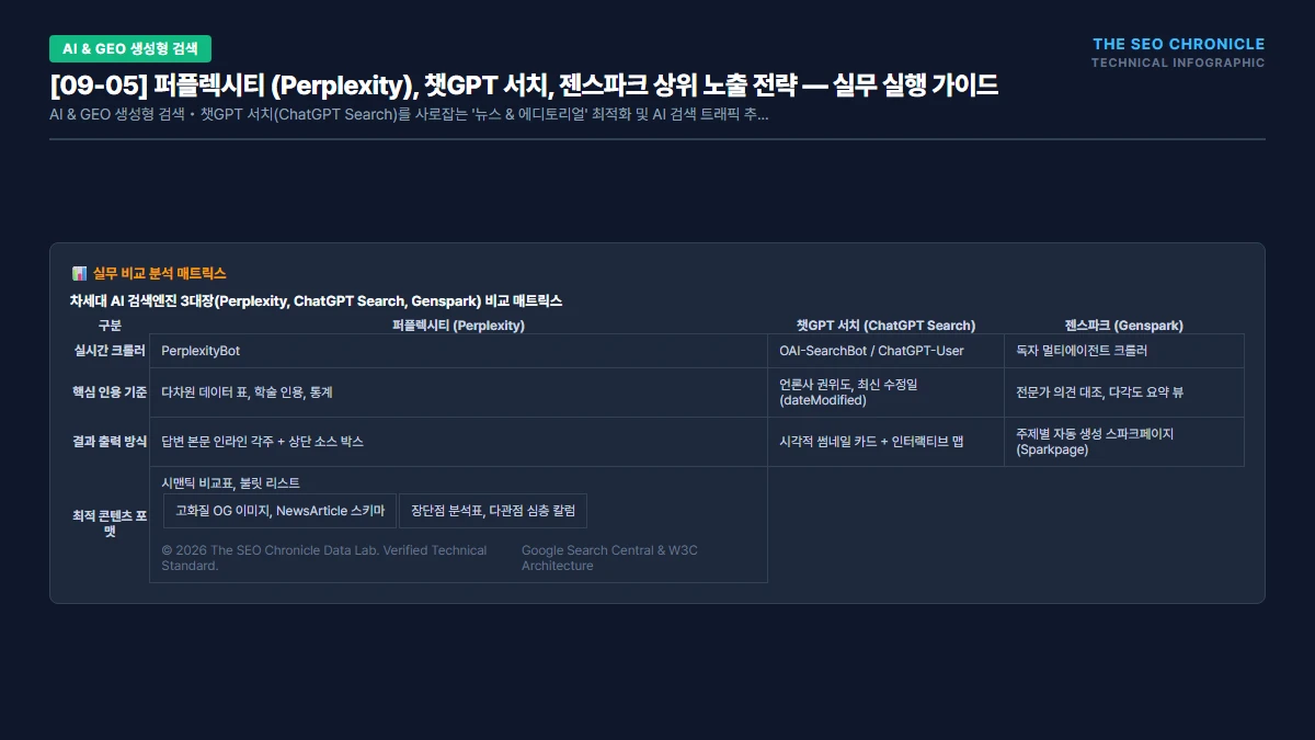 퍼플렉시티 (Perplexity), 챗GPT 서치, 젠스파크 상위 노출 전략 실무 실행 가이드 인포그래픽