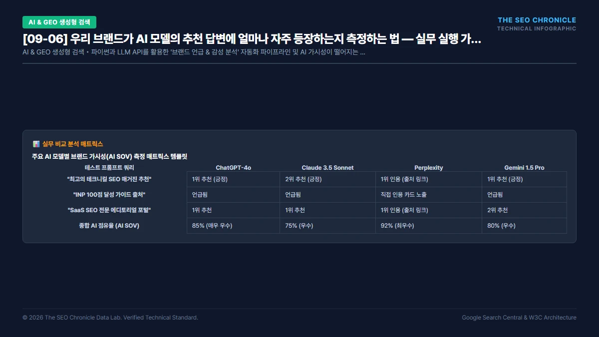 우리 브랜드가 AI 모델의 추천 답변에 얼마나 자주 등장하는지 측정하는 법 실무 실행 가이드 인포그래픽