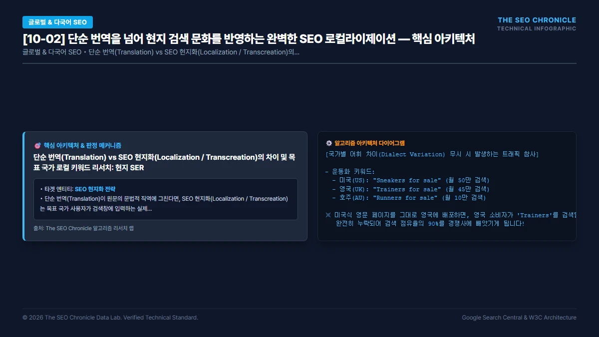 단순 번역을 넘어 현지 검색 문화를 반영하는 완벽한 SEO 로컬라이제이션 핵심 아키텍처 다이어그램