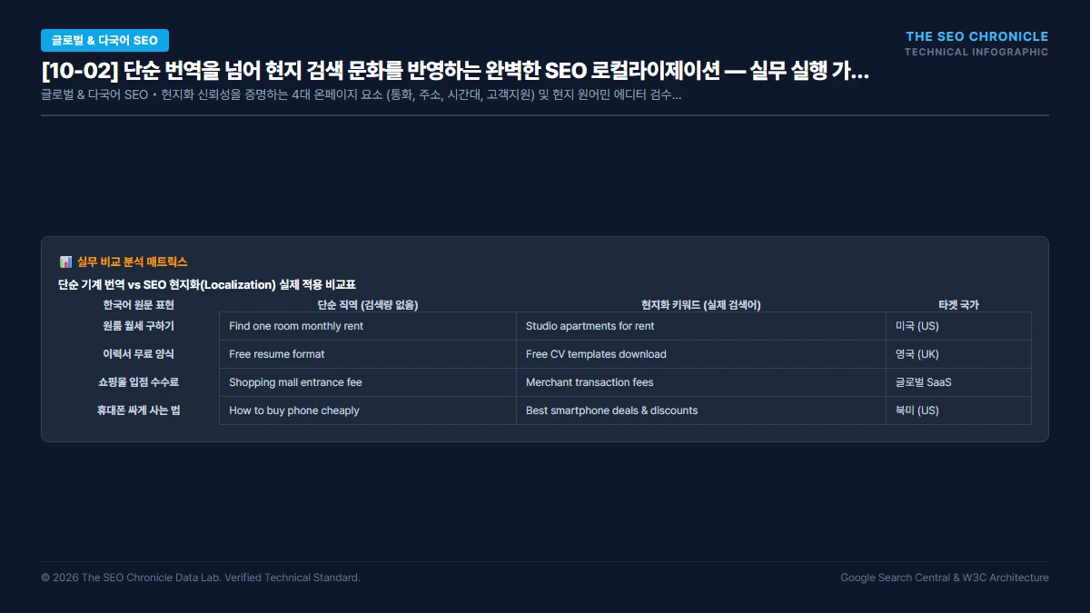 단순 번역을 넘어 현지 검색 문화를 반영하는 완벽한 SEO 로컬라이제이션 실무 실행 가이드 인포그래픽