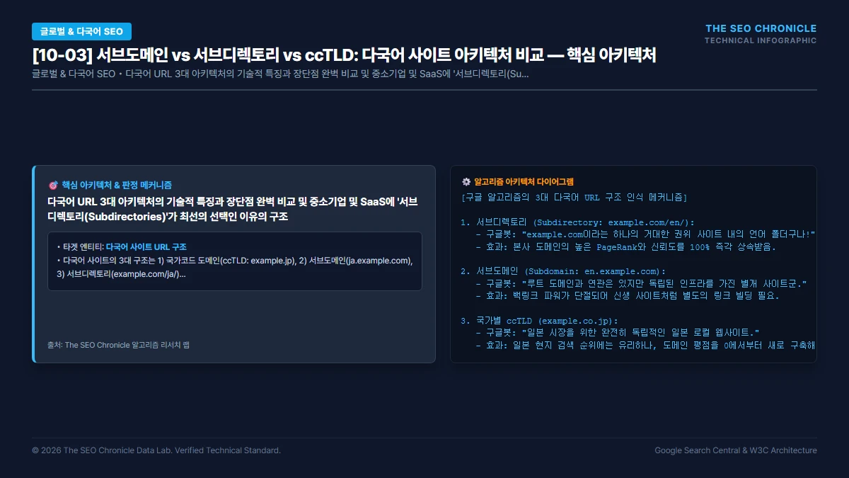 서브도메인 vs 서브디렉토리 vs ccTLD: 다국어 사이트 아키텍처 비교 핵심 아키텍처 다이어그램