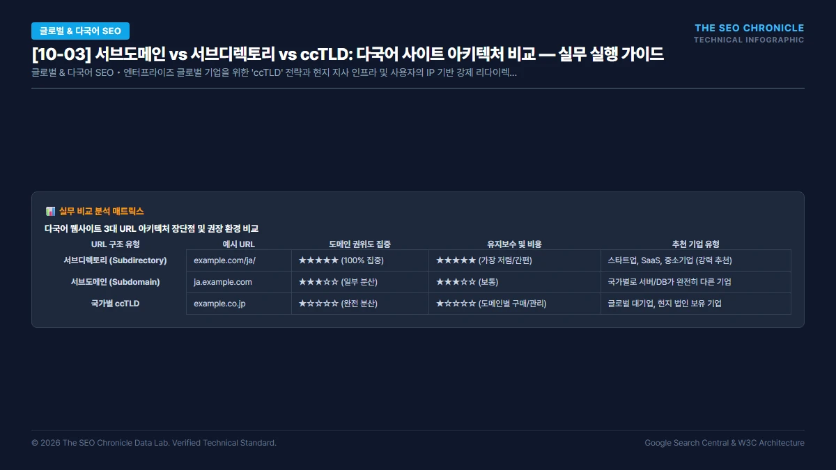 서브도메인 vs 서브디렉토리 vs ccTLD: 다국어 사이트 아키텍처 비교 실무 실행 가이드 인포그래픽