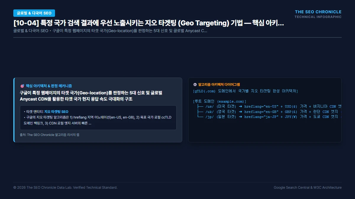 특정 국가 검색 결과에 우선 노출시키는 지오 타겟팅 (Geo Targeting) 기법 핵심 아키텍처 다이어그램