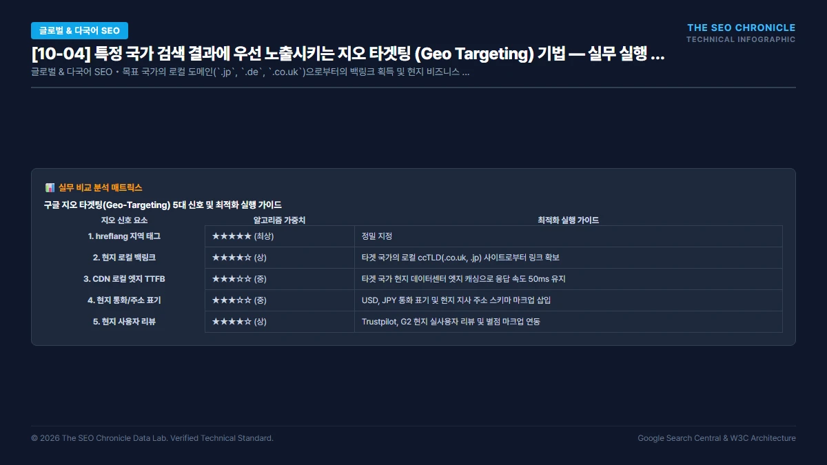 특정 국가 검색 결과에 우선 노출시키는 지오 타겟팅 (Geo Targeting) 기법 실무 실행 가이드 인포그래픽