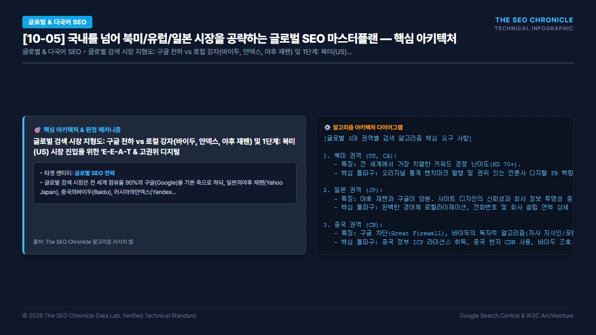 국내를 넘어 북미/유럽/일본 시장을 공략하는 글로벌 SEO 마스터플랜 핵심 아키텍처 다이어그램