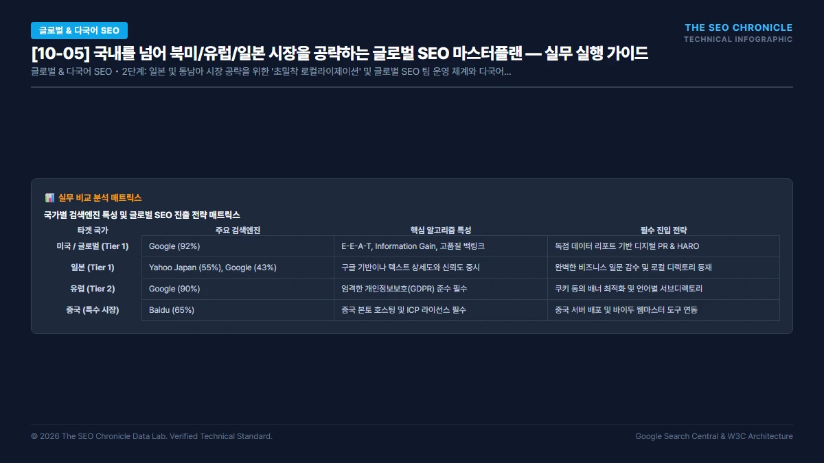 국내를 넘어 북미/유럽/일본 시장을 공략하는 글로벌 SEO 마스터플랜 실무 실행 가이드 인포그래픽