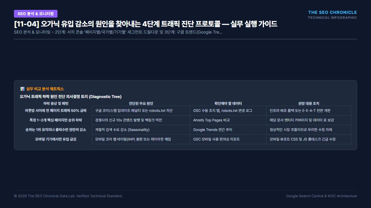 오가닉 유입 감소의 원인을 찾아내는 4단계 트래픽 진단 프로토콜 실무 실행 가이드 인포그래픽