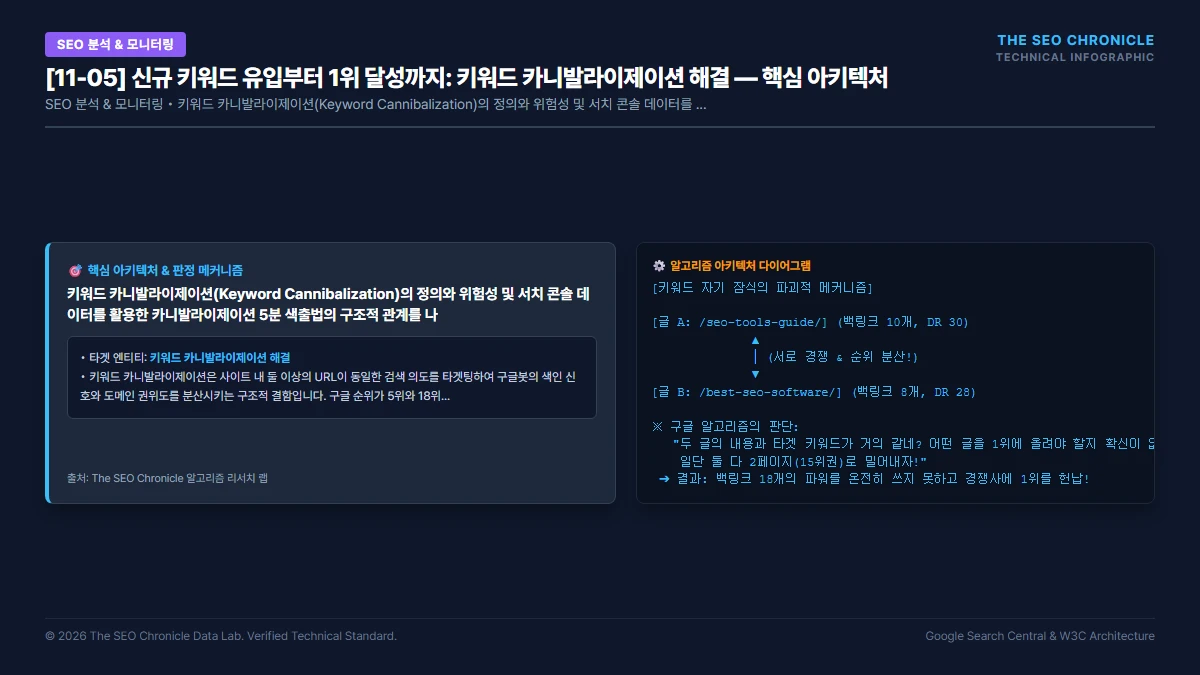 신규 키워드 유입부터 1위 달성까지: 키워드 카니발라이제이션 해결 핵심 아키텍처 다이어그램