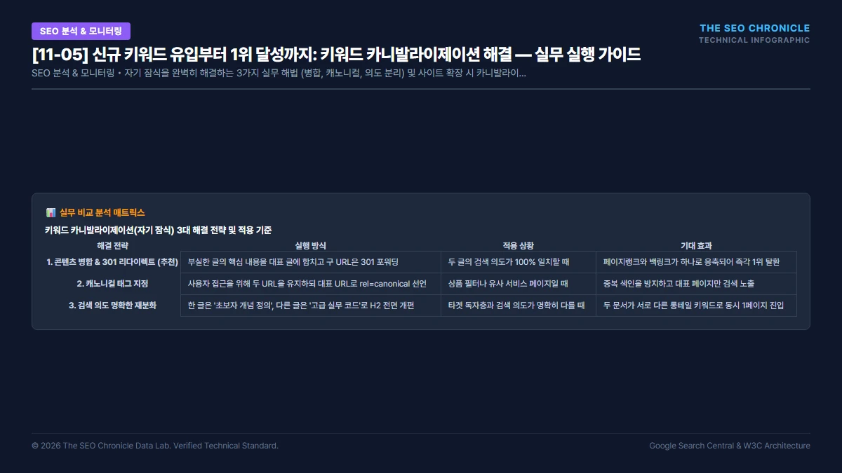 신규 키워드 유입부터 1위 달성까지: 키워드 카니발라이제이션 해결 실무 실행 가이드 인포그래픽
