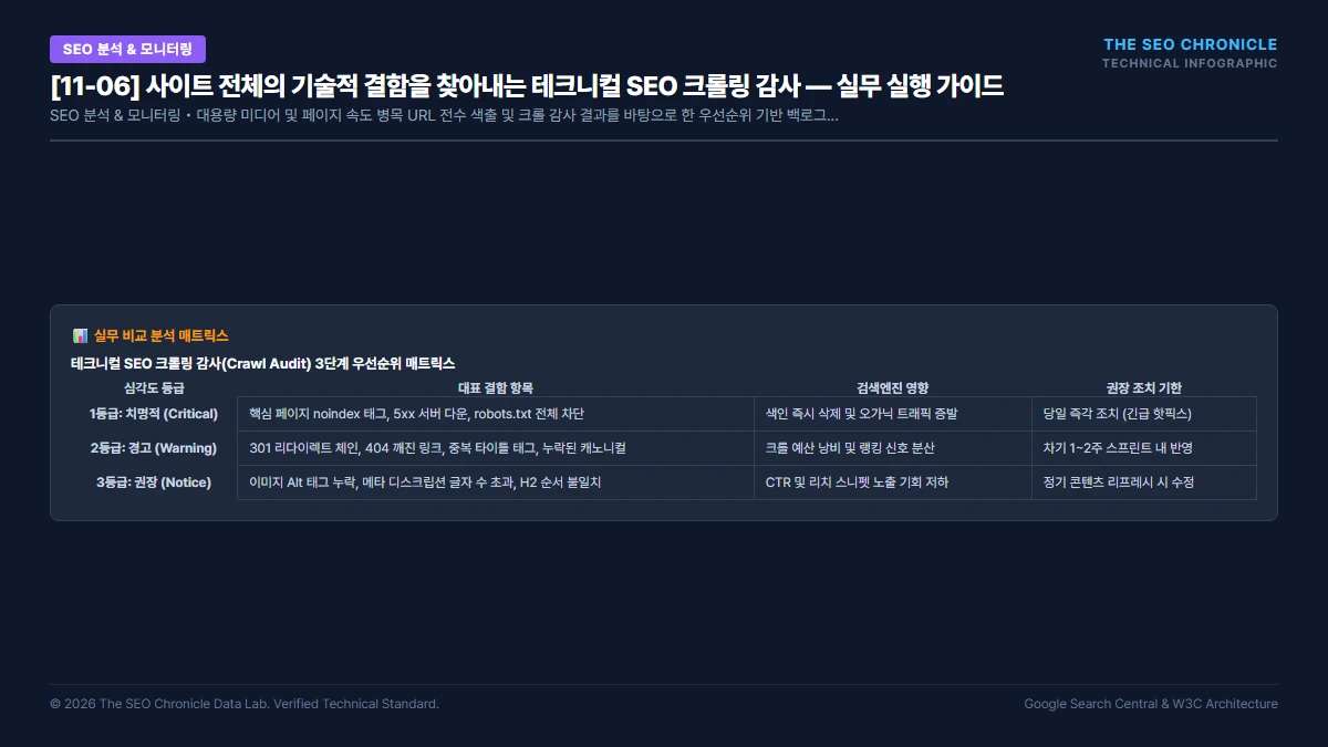 사이트 전체의 기술적 결함을 찾아내는 테크니컬 SEO 크롤링 감사 실무 실행 가이드 인포그래픽