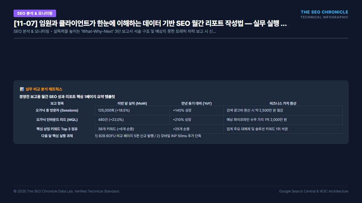임원과 클라이언트가 한눈에 이해하는 데이터 기반 SEO 월간 리포트 작성법 실무 실행 가이드 인포그래픽