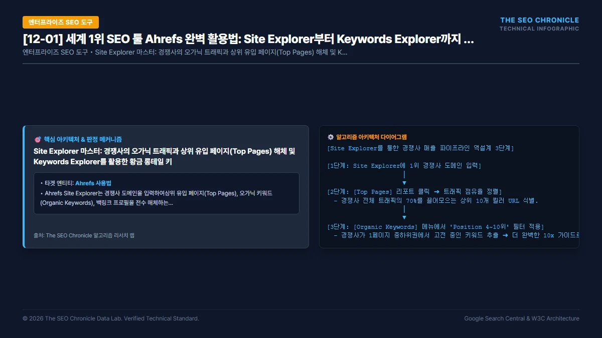세계 1위 SEO 툴 Ahrefs 완벽 활용법: Site Explorer부터 Keywords Explorer까지 핵심 아키텍처 다이어그램