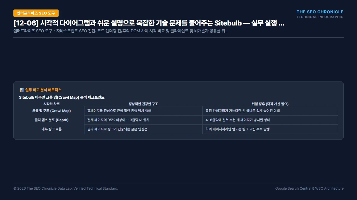 시각적 다이어그램과 쉬운 설명으로 복잡한 기술 문제를 풀어주는 Sitebulb 실무 실행 가이드 인포그래픽