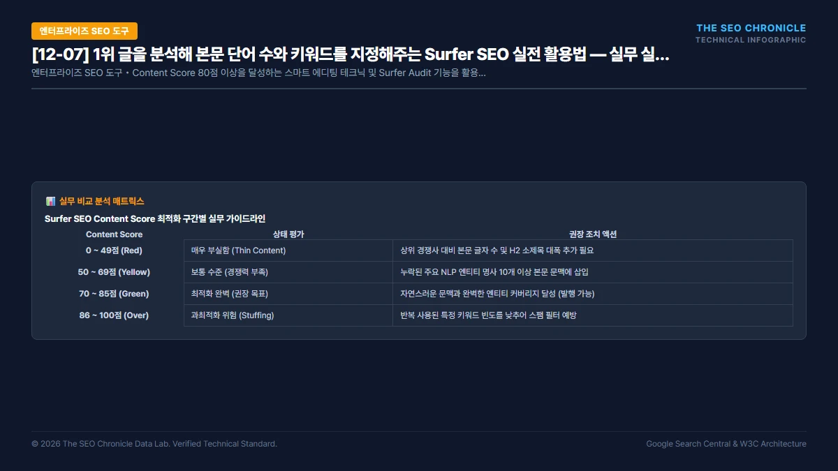 1위 글을 분석해 본문 단어 수와 키워드를 지정해주는 Surfer SEO 실전 활용법 실무 실행 가이드 인포그래픽