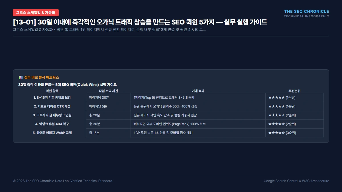 30일 이내에 즉각적인 오가닉 트래픽 상승을 만드는 SEO 퀵윈 5가지 실무 실행 가이드 인포그래픽