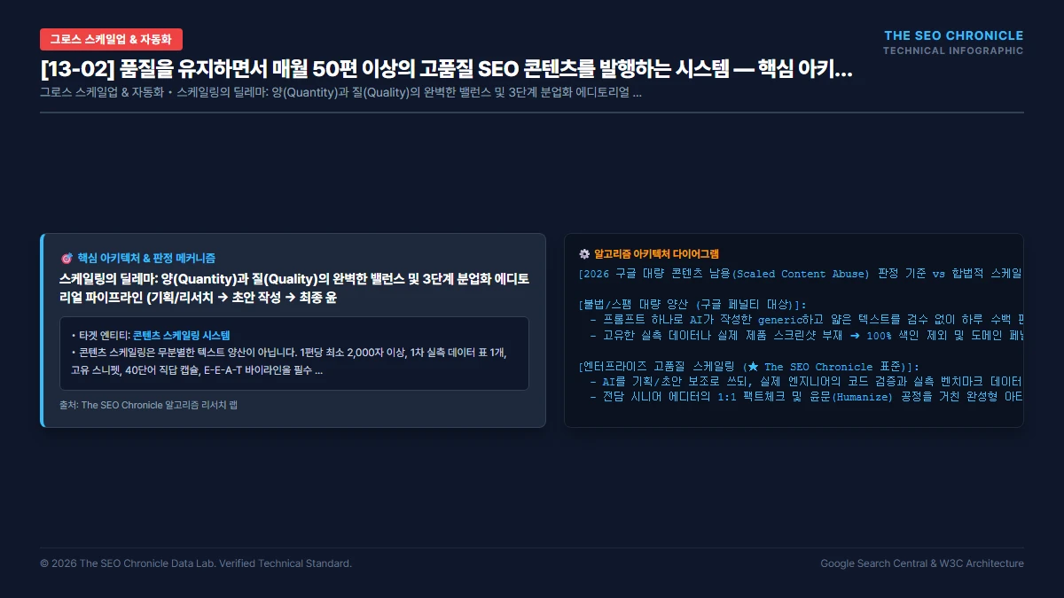 품질을 유지하면서 매월 50편 이상의 고품질 SEO 콘텐츠를 발행하는 시스템 핵심 아키텍처 다이어그램
