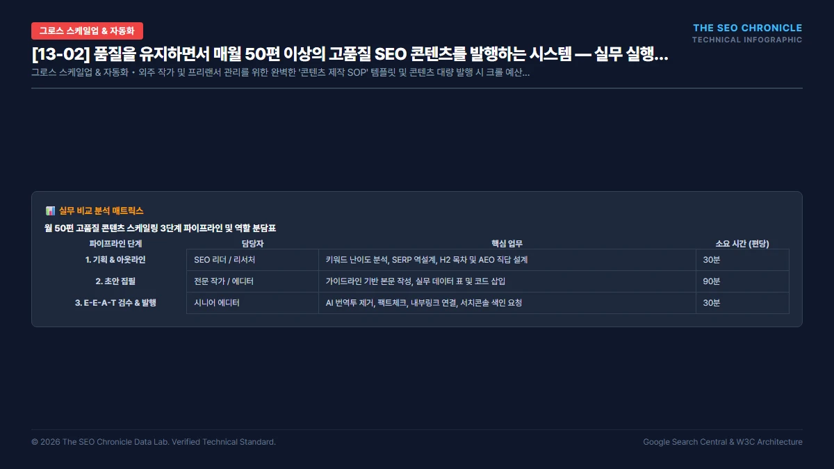 품질을 유지하면서 매월 50편 이상의 고품질 SEO 콘텐츠를 발행하는 시스템 실무 실행 가이드 인포그래픽