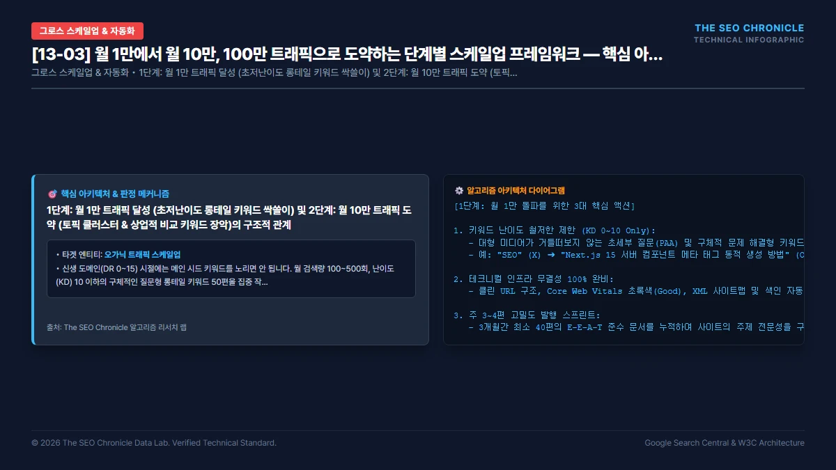 월 1만에서 월 10만, 100만 트래픽으로 도약하는 단계별 스케일업 프레임워크 핵심 아키텍처 다이어그램