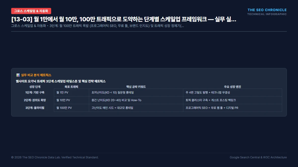 월 1만에서 월 10만, 100만 트래픽으로 도약하는 단계별 스케일업 프레임워크 실무 실행 가이드 인포그래픽