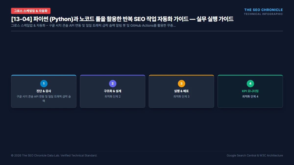 파이썬 (Python)과 노코드 툴을 활용한 반복 SEO 작업 자동화 가이드 실무 실행 가이드 인포그래픽