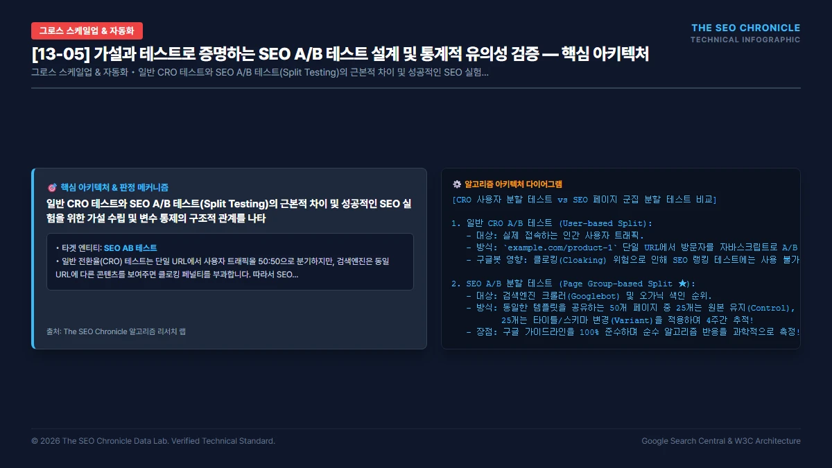 가설과 테스트로 증명하는 SEO A/B 테스트 설계 및 통계적 유의성 검증 핵심 아키텍처 다이어그램
